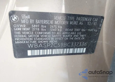 2011 BMW 535I Gran Turismo xDrive z USA, uszkodzony, nr VIN WBASP2C59BC337336